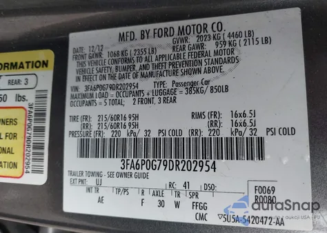 2013 Ford Fusion S from USA, damaged, VIN 3FA6P0G79DR202954